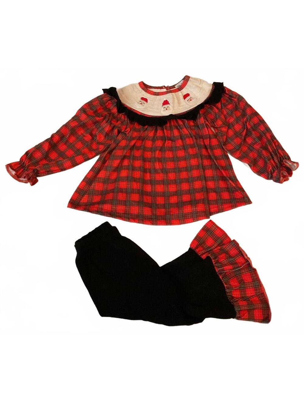 Abby & Evie 18M Santa Smocked Plaid Ruffle Pants Set Christmas Girls Outfit